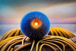 a blue sea urchin with a glowing light. AI-Generated photo