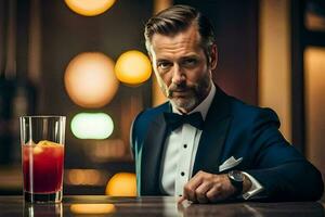 a man in a suit and tie sitting at a bar. AI-Generated photo