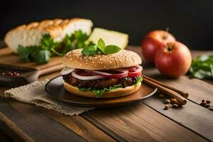 a hamburger with onions, apples and bread on a wooden table. AI-Generated photo