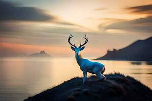un blanco ciervo soportes en un colina con vista a el océano. generado por ai foto
