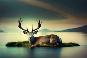 a deer is sitting on a small island in the water. AI-Generated photo