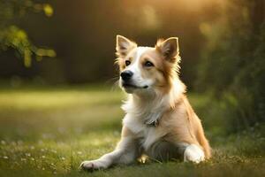 a dog sitting in the grass with the sun shining. AI-Generated photo