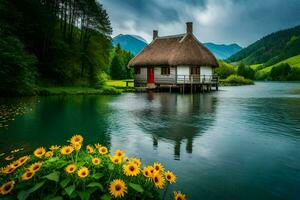 a thatched cottage in the mountains. AI-Generated photo