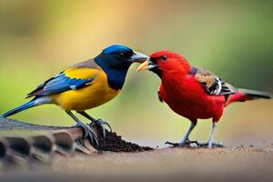 two colorful birds standing on a ledge. AI-Generated photo
