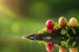easter eggs on a log. AI-Generated photo