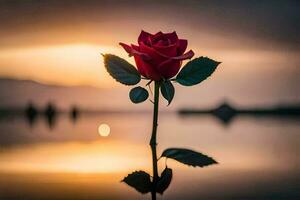 a single red rose is reflected in the water at sunset. AI-Generated photo