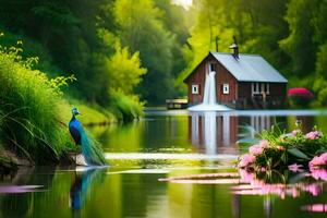 peacock in the water by the pond. AI-Generated photo