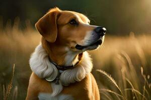 un perro es sentado en un campo con alto césped. generado por ai foto