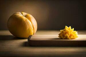a piece of fruit is sitting on a cutting board. AI-Generated photo