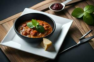 a bowl of chili con carne with a slice of bread and a sprig of basil. AI-Generated photo