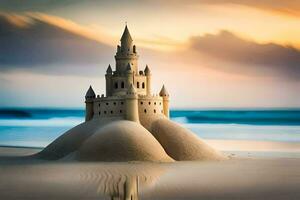 un arena castillo en el playa a puesta de sol. generado por ai foto