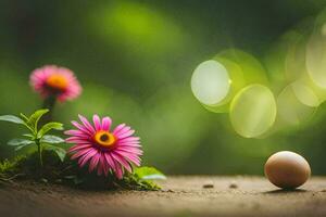 a pink flower and an egg on the ground. AI-Generated photo