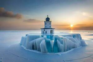 a lighthouse on an iceberg in the middle of the ocean. AI-Generated photo