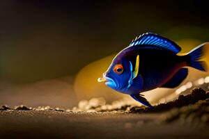 a blue and orange fish is walking on the sand. AI-Generated photo