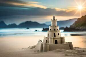 sand castle on the beach at sunset. AI-Generated photo