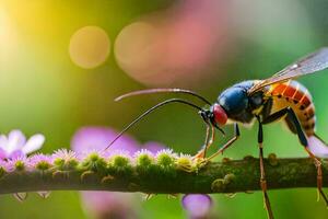 a wasp is sitting on a branch with purple flowers. AI-Generated photo