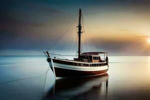 un barco es flotante en el Oceano a puesta de sol. generado por ai foto