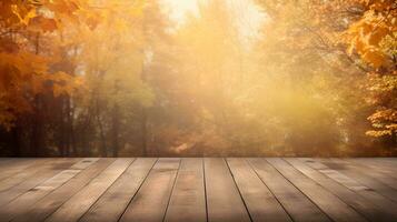 Wooden deck table against autumnal forest in yellow and orange tones AI Generated photo