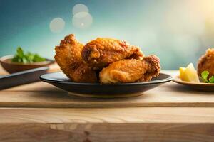 pollo alas en un plato con un de madera mesa. generado por ai foto
