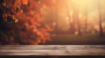 Wooden table in front of blurred autumn background AI Generated photo