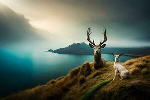 two deer are sitting on a hill overlooking a lake. AI-Generated photo