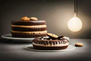 chocolate cake with cookies on top and a light bulb. AI-Generated photo