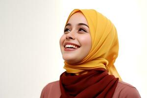 retrato de hermosa joven musulmán mujer con hijab sonriente a cámara ai generado foto