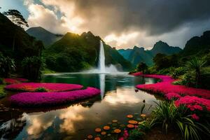 a beautiful waterfall surrounded by pink flowers. AI-Generated photo