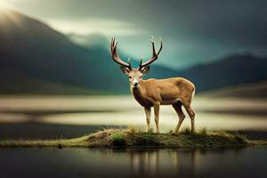 a deer stands on a small island in front of a lake. AI-Generated photo