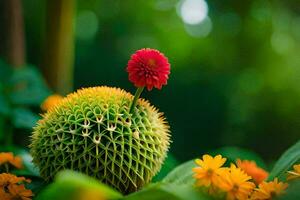 un rojo flor es sentado en parte superior de un verde planta. generado por ai foto