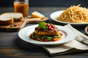 a plate of food with spaghetti and meat on it. AI-Generated photo