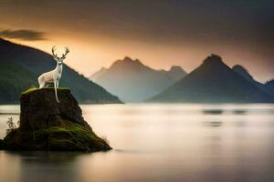 a deer stands on a rock in front of a lake. AI-Generated photo