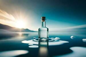 a bottle of water sits on the water with a sun in the background. AI-Generated photo