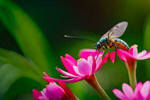 a green and black insect is sitting on some pink flowers. AI-Generated photo