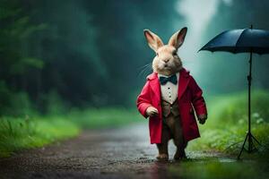 a rabbit dressed in a red coat and tie holding an umbrella. AI-Generated photo