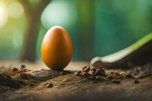 an egg is sitting on top of dirt in the forest. AI-Generated photo