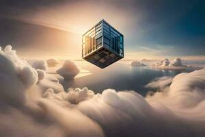 un cubo flotante en el nubes generado por ai foto