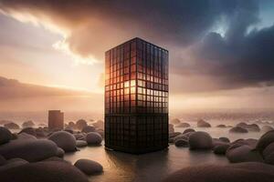 a building surrounded by rocks and water. AI-Generated photo