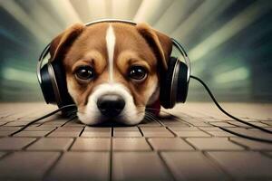 a dog wearing headphones on a tile floor. AI-Generated photo