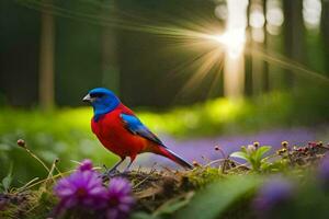 a colorful bird is standing on a branch in the forest. AI-Generated photo