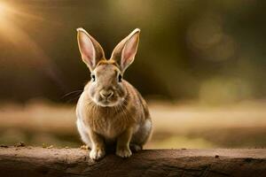 a rabbit is sitting on a log in front of the sun. AI-Generated photo