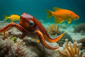 un pulpo y un pescado son nadando en el océano. generado por ai foto