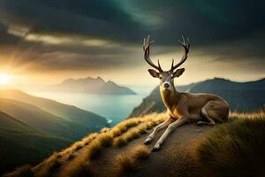 a deer sits on a hill overlooking the ocean. AI-Generated photo