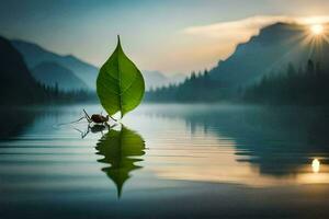 a leaf is sitting on the water with a bug on it. AI-Generated photo