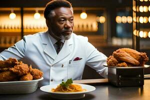 a man in a white coat is sitting at a table with a plate of fried chicken. AI-Generated photo