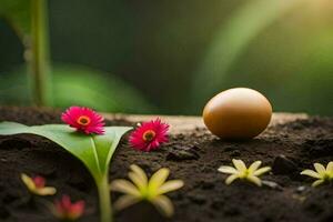 an egg is sitting on the ground next to flowers. AI-Generated photo