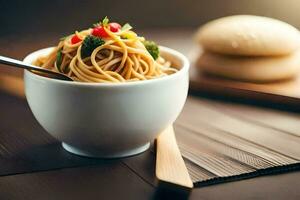 chinese noodles in a bowl with chopsticks. AI-Generated photo