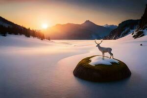 un ciervo soportes en parte superior de un rock en el medio de un Nevado campo. generado por ai foto