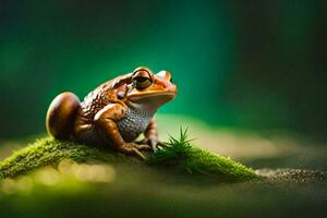 a frog sitting on top of a green mossy surface. AI-Generated photo