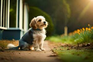 a dog sitting on the sidewalk in front of a house. AI-Generated photo